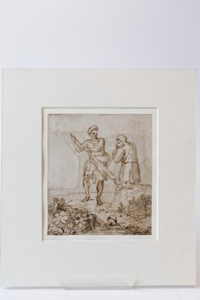 CARRACCI Agostino (1557-1602) [attribué à] "Deux chasseurs rechargeant", XVIe, plume...