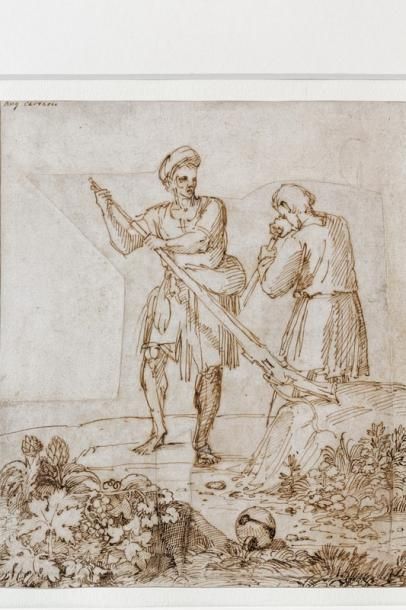 CARRACCI Agostino (1557-1602) [attribué à] "Deux chasseurs rechargeant", XVIe, plume...