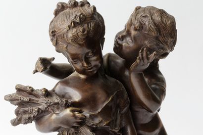 MOREAU Auguste (1834-1917) "Couple d'enfants", fin XIXe, groupe en bronze patiné...