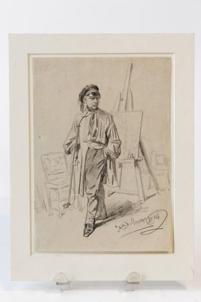 DILLENS Albert (1844-?) "Peintre dans son atelier", 1864, crayon sur papier, signé...