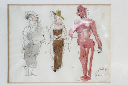 MAAS Paul (1890-1962 "Esquisse de trois personnes", XXe, crayon rehaussé à l'aquarelle...