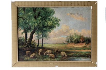 Ecole Belge Deux huiles sur toile et une estampe polychrome, XXe :

- "Troupeau de...