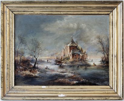 SCHELFHOUT ANDREAS (1787-1870) "Paysage hivernal animé", XIXe, huile sur toile, signée...