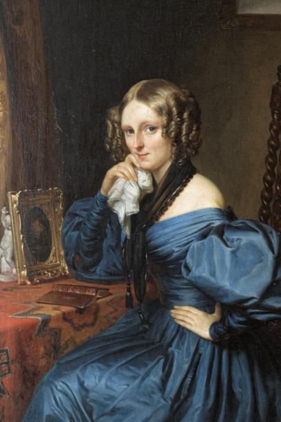 DE JONGHE Gustave Leonhard (1829-1893) [attribué à] "Élégante à la robe bleue", XIXe,...