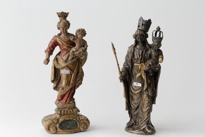 null "Vierges à l'Enfant", XVIIIe et XIXe, deux groupes en bois sculpté et polychromé,...