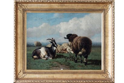 ROBBE Louis (1806-1887) "Troupeau au pré", XIXe, huile sur toile, signée en bas à...