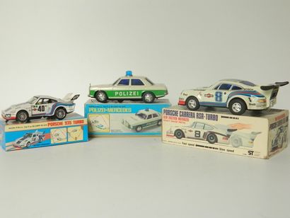 null JAPAN (3) automobiles :

- TAIYO Mercedes Polizei, tôle blanche et verte, battery...