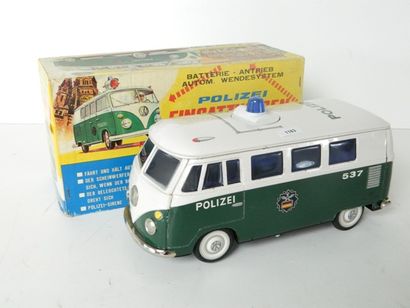 null Y Japan réf. 703, combi VW, PolizeiEinsatzwagen, tôle verte et blanche, batterie,...