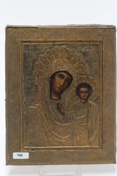 null "Vierge à l'Enfant", XIXe, icône avec riza gravée, 22x18 cm [usures et altérations...