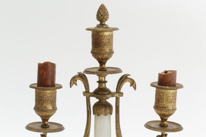 null Paire de candélabres à trois lumières, fin XIXe, bronze doré et marbre, h. 29,5...