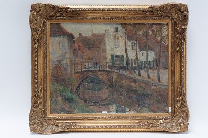 HUYGENS Léon (1876-1918) "Ville flamande animée", 1909, huile sur toile, signée et...