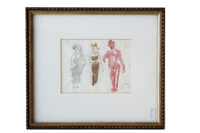 MAAS Paul (1890-1962) "Esquisse de trois personnes", XXe, crayon rehaussé à l'aquarelle...