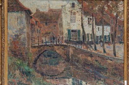HUYGENS Léon (1876-1918) "Ville flamande animée", 1909, huile sur toile, signée et...