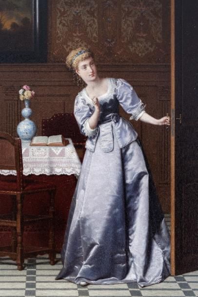 HEYLIGERS Gustaaf Antoon F. (1828-1897) "Élégante dans un intérieur", XIXe, huile...