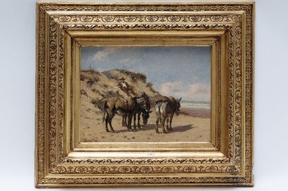 VAN DER VIN Paul (1823-1887) "Mules dans les dunes", XIXe, huile sur toile, signée...