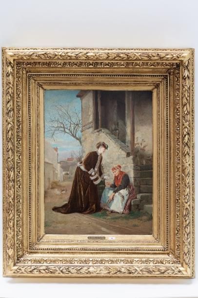 WILLEMS Louis (1820-1899) "La Dame charitable", XIXe, huile sur panneau, signée en...