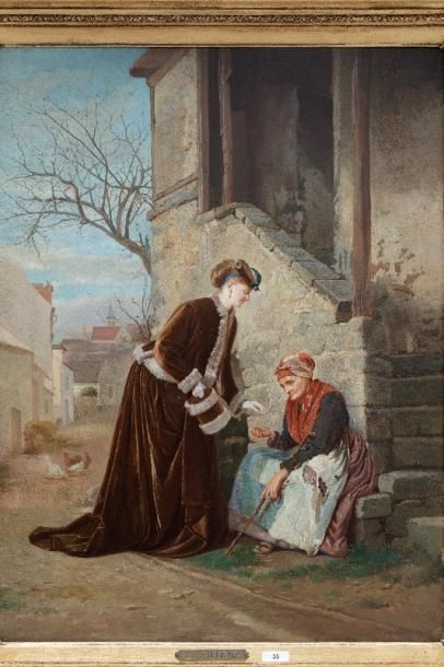WILLEMS Louis (1820-1899) "La Dame charitable", XIXe, huile sur panneau, signée en...