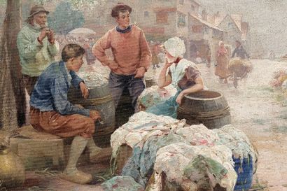 RINK Paul (1861-1903) "Pêcheurs au marché", fin XIXe, huile sur toile, signée en...