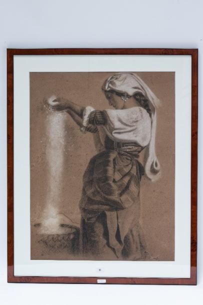 ECOLE FRANCAISE "Femme à l'orientale", XIXe, pierre noire et craie sur papier coloré,...