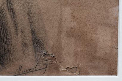 ECOLE FRANCAISE "Femme à l'orientale", XIXe, pierre noire et craie sur papier coloré,...