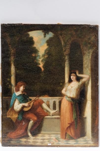 École romantique "L'Amour courtois", mi-XIXe, huile sur toile, 93x74 cm [altérations...
