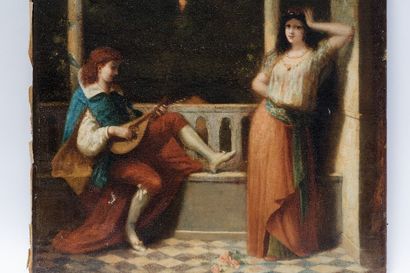 École romantique "L'Amour courtois", mi-XIXe, huile sur toile, 93x74 cm [altérations...