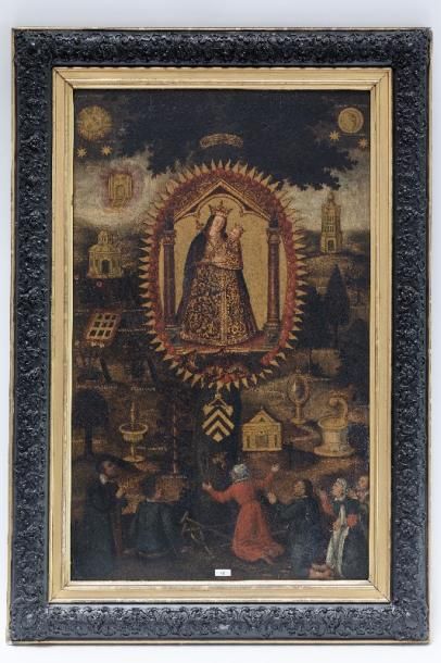 École HISPANO-FLAMANDE "Vierge en gloire aux litanies", XVIIe, huile sur panneau...