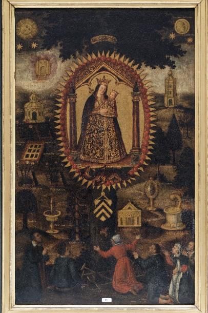 École HISPANO-FLAMANDE "Vierge en gloire aux litanies", XVIIe, huile sur panneau...
