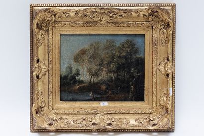 ANONYME "Paysage lacustre animé", XIXe, huile sur toile rentoilée, 25,5x30 cm [r...