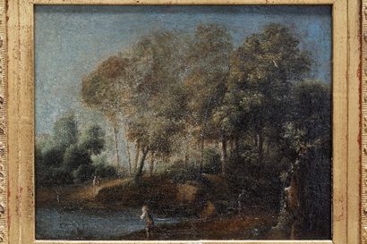 ANONYME "Paysage lacustre animé", XIXe, huile sur toile rentoilée, 25,5x30 cm [r...