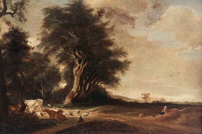 ANONYME "Troupeau à l'orée d'un bois", XIXe, huile sur panneau de chêne (deux planches),...