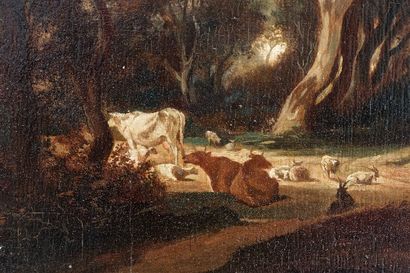 ANONYME "Troupeau à l'orée d'un bois", XIXe, huile sur panneau de chêne (deux planches),...