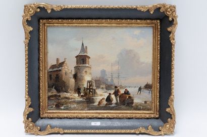 RUYTEN JAN MICHIEL (1813-1881) "Paysage hivernal animé", [18]53, huile sur carton...