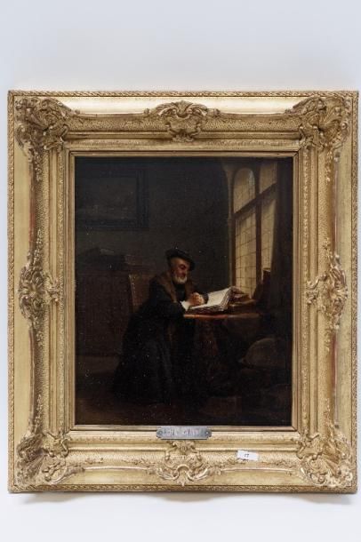 PLATTEEL Jean P. "Humaniste lisant", 1864, huile sur panneau, signée en bas à gauche,...