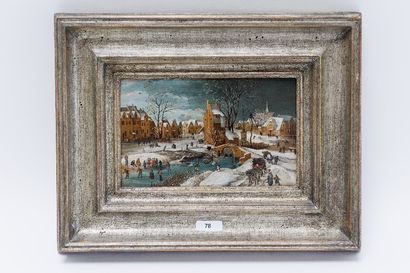 ECOLE FLAMANDE "Bourg breughelien en hiver", XIXe, huile sur panneau, 10,5x17,5 ...