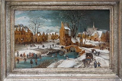 ECOLE FLAMANDE "Bourg breughelien en hiver", XIXe, huile sur panneau, 10,5x17,5 ...