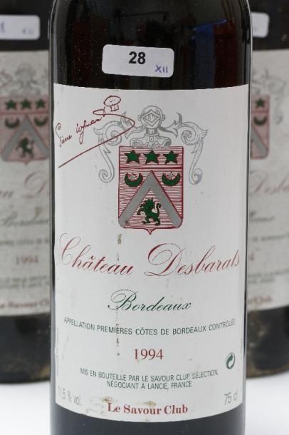 null BORDEAUX (PREMIÈRES-CÔTES-DE-), rouge, Château Desbarats 1994, onze bouteilles...
