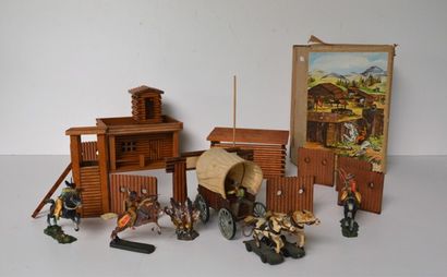 null Fabrication allemande, rare campement de cow-boys en bois [neuf, en boîte] +...