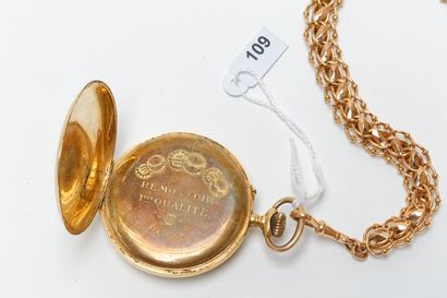 null Montre de gousset en or jaune 18k avec chaîne, circa 1900, poinçons, 75 g env....