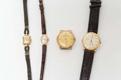 null Lot de quatre montres en or jaune 18k, deux de dame et deux d'homme dont une...