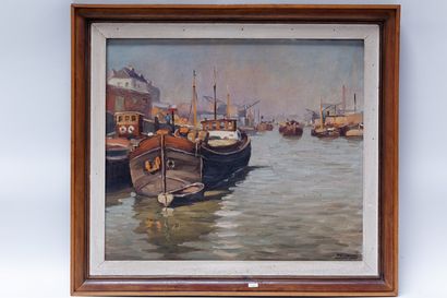 Ecole Belge VOLCKAERT Piet (1902-1973), "Havre avec bateaux", XXe, huile sur toile,...
