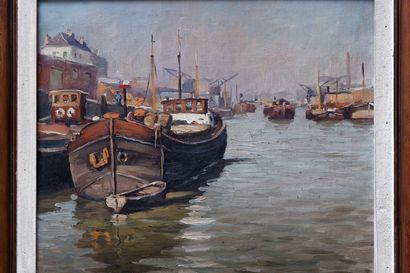 Ecole Belge VOLCKAERT Piet (1902-1973), "Havre avec bateaux", XXe, huile sur toile,...