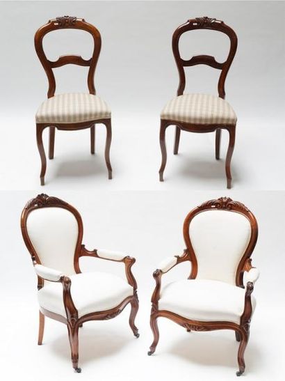 null Paires de fauteuils en cabriolet et de chaises d'époque Napoléon III, pieds...