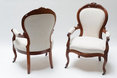 null Paires de fauteuils en cabriolet et de chaises d'époque Napoléon III, pieds...