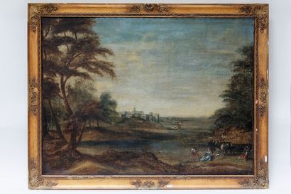 null ANONYMES, "Paysages animés", XVIIIe, deux huiles sur toile rentoilée,73x96 cm...
