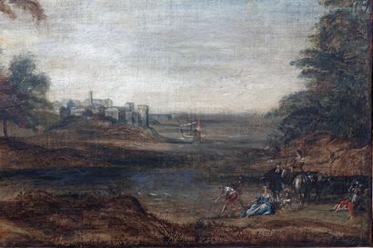 null ANONYMES, "Paysages animés", XVIIIe, deux huiles sur toile rentoilée,73x96 cm...