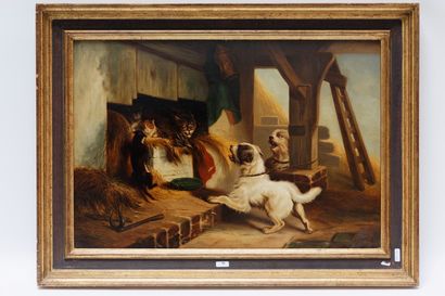 NOTERMAN Emmanuel (1808-1863) [attribué à] "Chiens et chats", XIXe, huile sur panneau,...