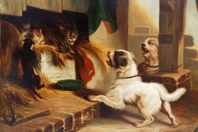 NOTERMAN Emmanuel (1808-1863) [attribué à] "Chiens et chats", XIXe, huile sur panneau,...