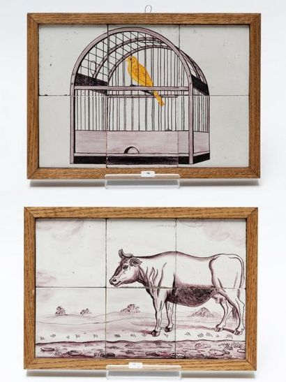 DELFT "Canari en cage" et "Vache au pré", XVIIIe, paire de tableaux en carreaux de...