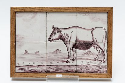 DELFT "Canari en cage" et "Vache au pré", XVIIIe, paire de tableaux en carreaux de...